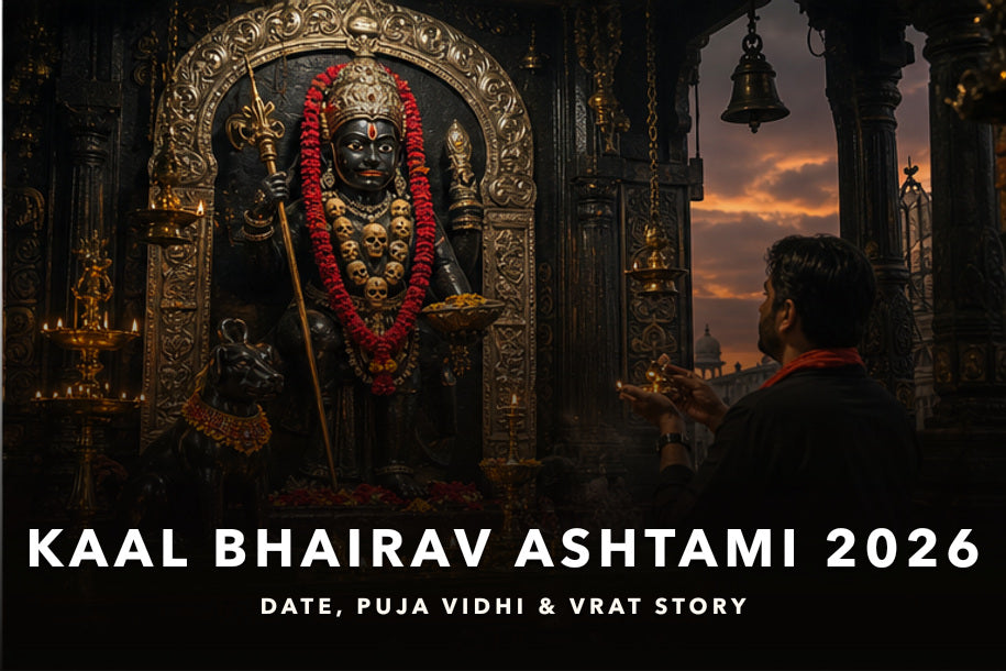 Kaal Bhairav Kalashtami 2026 banner showing a devotee praying before Kaal Bhairav in a temple with title text about date, puja vidhi and vrat story