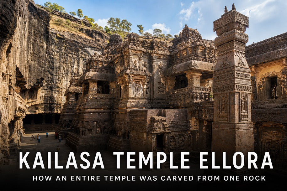 Kailasa Temple Ellora banner showing the monolithic rock-cut temple complex with title text about how an entire temple was carved from one rock