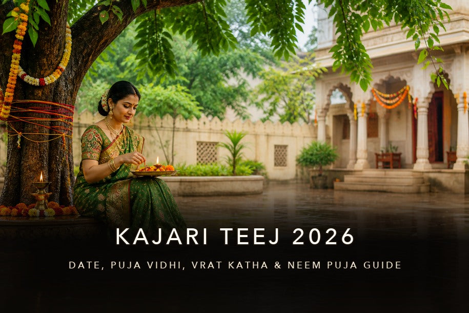 Kajari Teej 2026 banner showing a woman performing puja near a sacred neem tree in a monsoon temple courtyard, with date, puja vidhi, vrat katha and neem puja guide