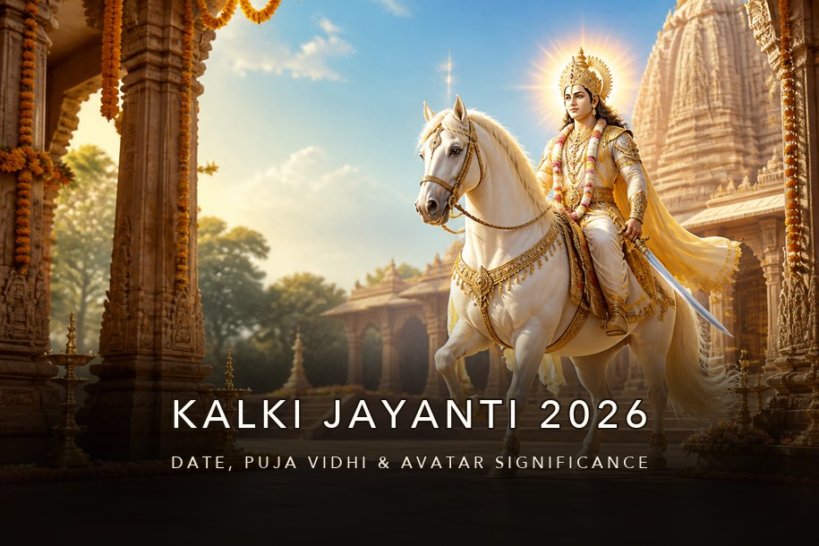 Kalki Jayanti 2026 banner showing Lord Kalki in a radiant temple courtyard on a white horse, covering date, puja vidhi and avatar significance