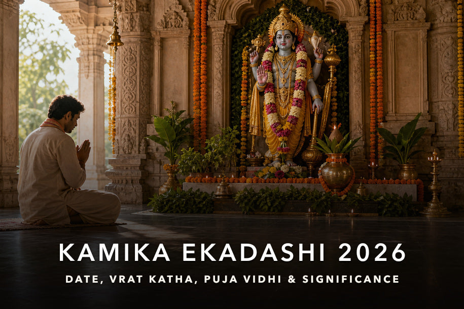 Kamika Ekadashi 2026 banner showing a devotee praying before a Vishnu temple idol with title text about date, vrat katha, puja vidhi and parana timing