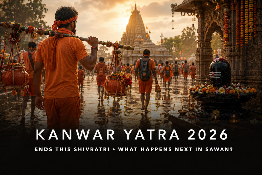 Kanwar Yatra 2026 banner showing realistic Shiva devotees carrying kanwars toward a temple with what happens next in Sawan headline