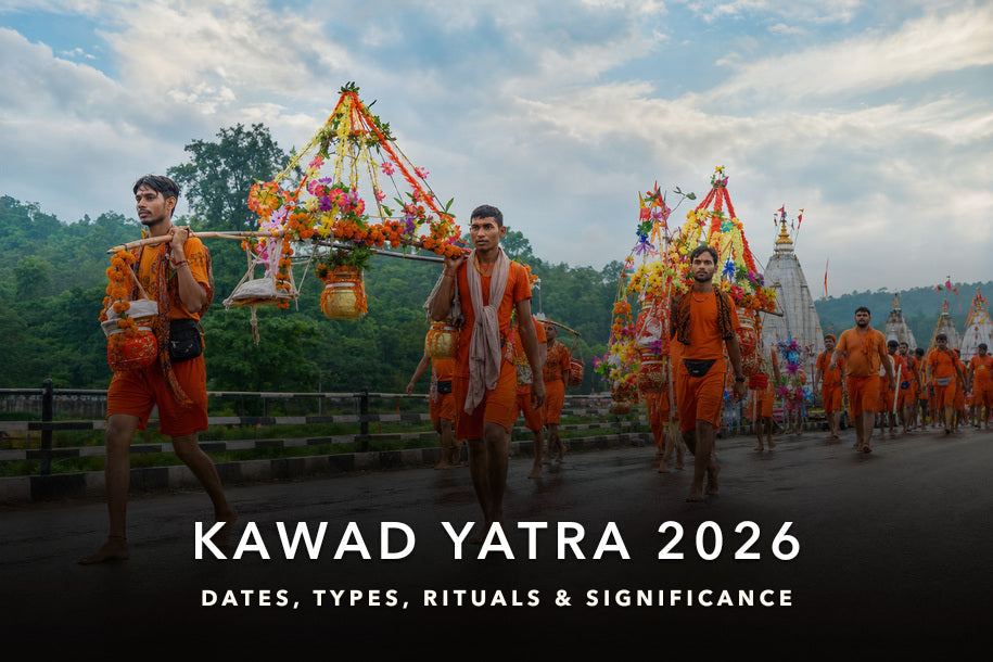 Kanwar Yatra 2026 banner showing saffron-clad devotees carrying Gangajal with title text about dates, routes, rules and significance