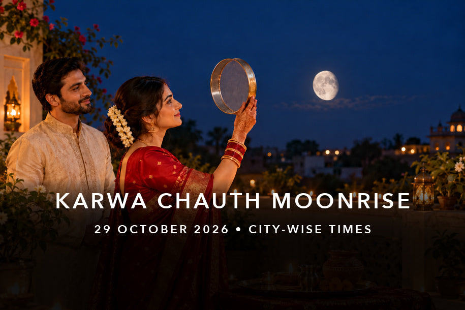 Karwa Chauth 2026 moonrise guide for 29 October: a woman holding a sieve toward the waning Moon beside her husband, with city-wise timing banner text.