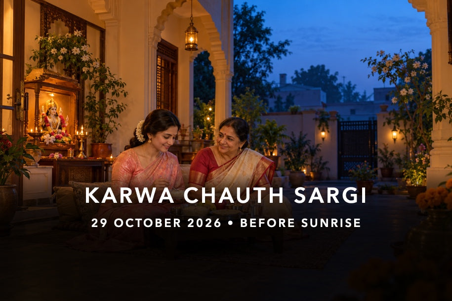 Karwa Chauth Sargi 2026 — women sharing a pre-sunrise Sargi thali for 29 October 2026
