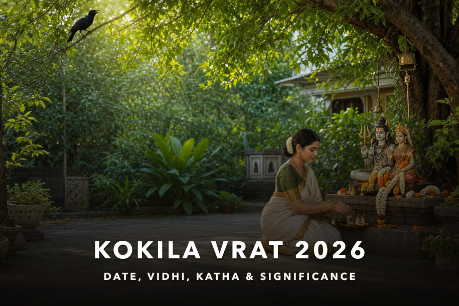 Kokila Vrat 2026 devotee performing puja before Shiva and Parvati under a leafy tree with a cuckoo bird at sunrise