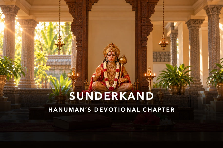 SUNDERKAND: traditional Hanuman shrine with crop-safe title and devotional subtitle