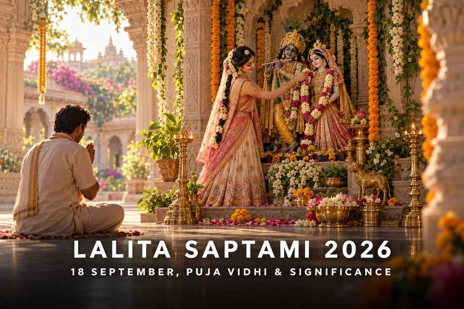 Lalita Saptami 2026 banner showing Lalita Sakhi offering a flower garland beside Radha Krishna in a sunlit Braj temple