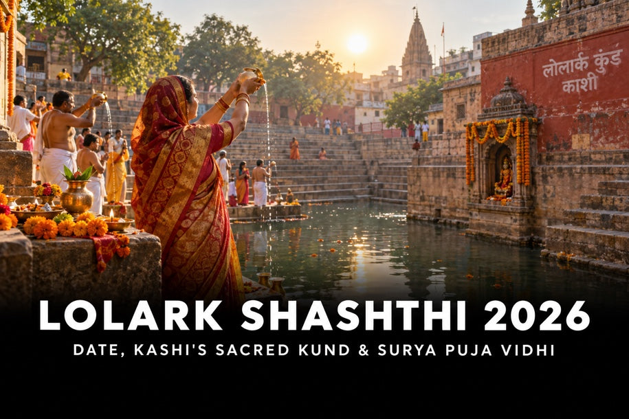 Lolark Shashthi 2026 banner showing devotees offering arghya at Kashi's sacred Lolark Kund during Surya Puja, covering the date and puja vidhi.