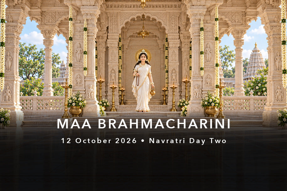 Maa Brahmacharini in white with rosary and kamandal for Navratri Day Two on 12 October 2026