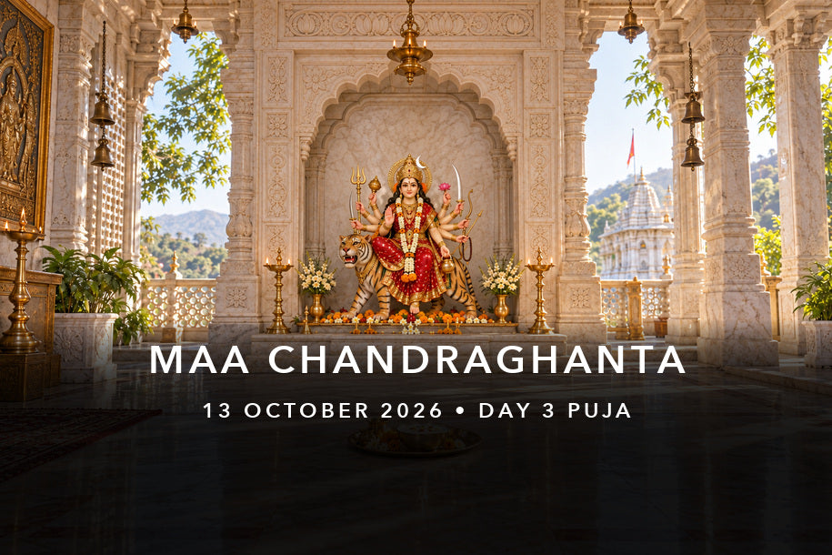 Maa Chandraghanta murti with ten arms and a tigress in a daytime temple for Navratri Day 3 puja on 13 October 2026