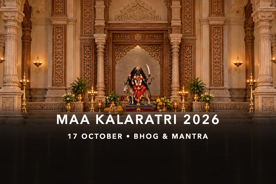 Four-armed Maa Kalaratri murti riding a donkey, with sword, iron hook and jaggery bhog, for Navratri puja on 17 October 2026
