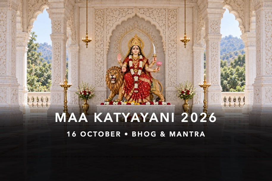 Four-armed Maa Katyayani murti with a lion, sword, lotus and honey bhog for Navratri Day 6 puja on 16 October 2026