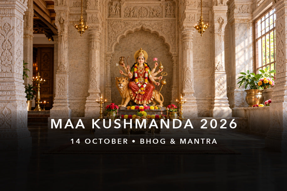 Eight-armed Maa Kushmanda murti with a lioness and malpua bhog for Navratri Day 4 puja on 14 October 2026