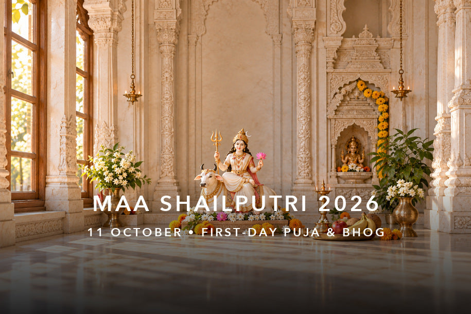 Maa Shailputri idol with a bull, trident and lotus for Navratri first-day puja on 11 October 2026