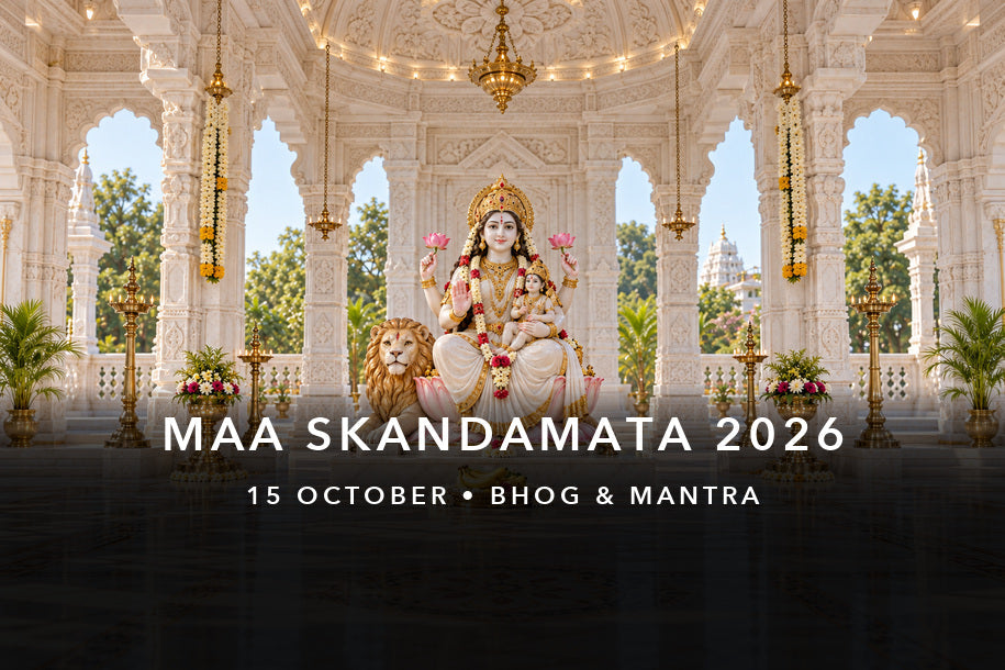Four-armed Maa Skandamata murti holding baby Kartikeya, with a lion and banana bhog for Navratri Day 5 on 15 October 2026