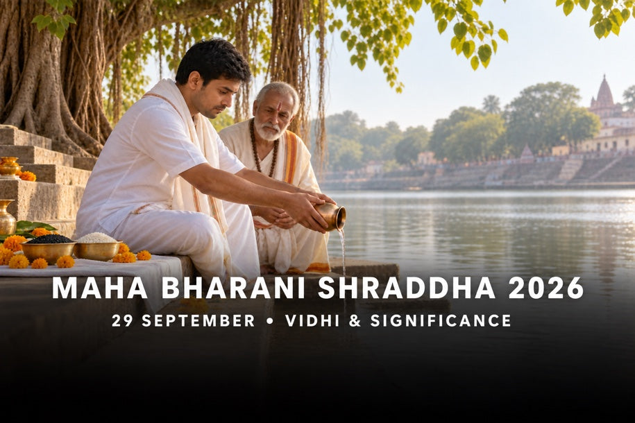 Maha Bharani Shraddha 2026 on 29 September: family guided by a pandit offering tarpan beside a river
