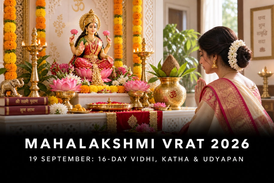 Mahalakshmi Vrat 2026 banner showing a woman praying before Goddess Lakshmi in a flower-decorated home mandir, covering the 19 September start date, 16-day vidhi, katha and udyapan.