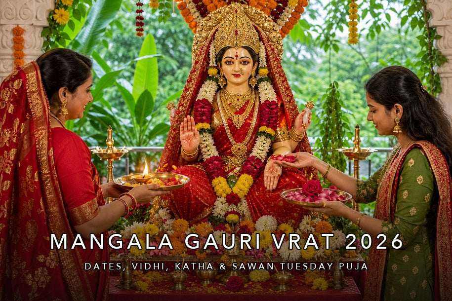 Mangala Gauri Vrat 2026 puja with Goddess Parvati and women offering aarti