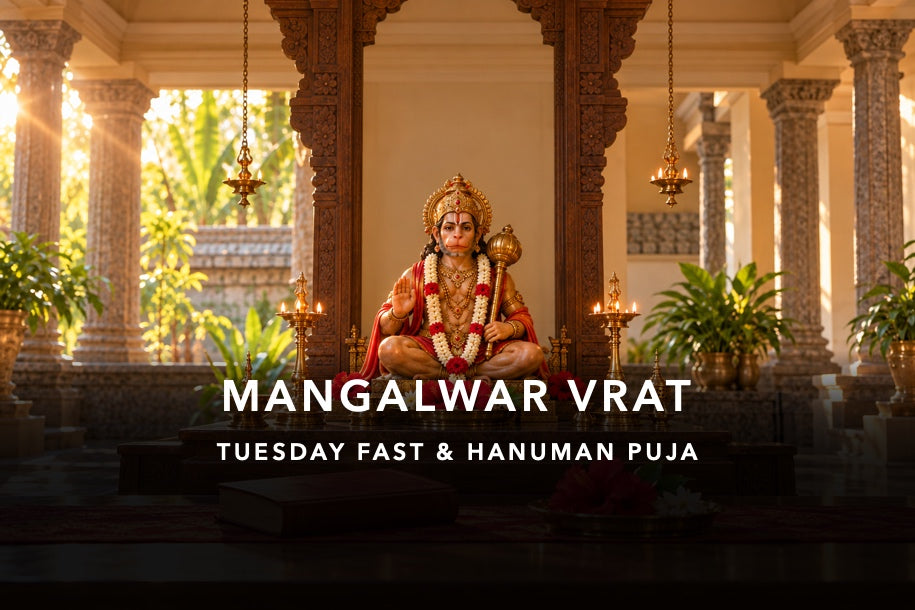 MANGALWAR VRAT: traditional Hanuman shrine with crop-safe title and devotional subtitle