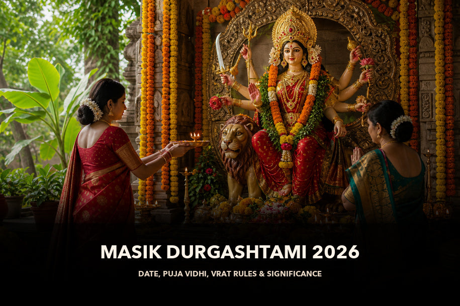 Masik Durgashtami 2026 banner showing devotees performing aarti before Maa Durga in a decorated temple, covering date, puja vidhi, vrat rules and significance