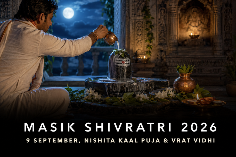 Masik Shivratri 2026 banner showing a devotee performing midnight abhishek on a Shivling with bilva leaves, diya and moonlit temple setting
