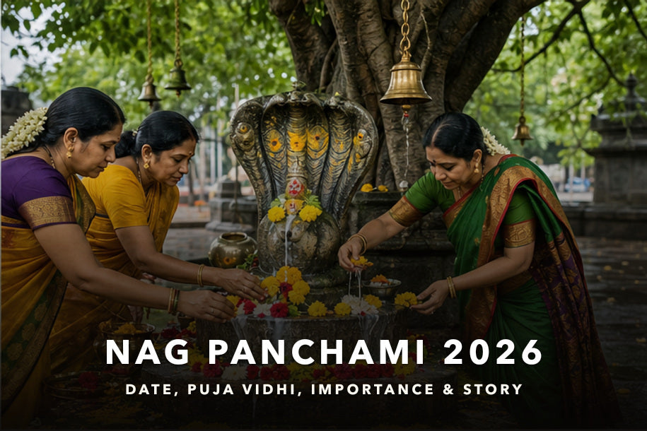 Nag Panchami 2026 banner showing women offering flowers and milk to a serpent shrine under a sacred tree, covering date, puja vidhi, katha and significance
