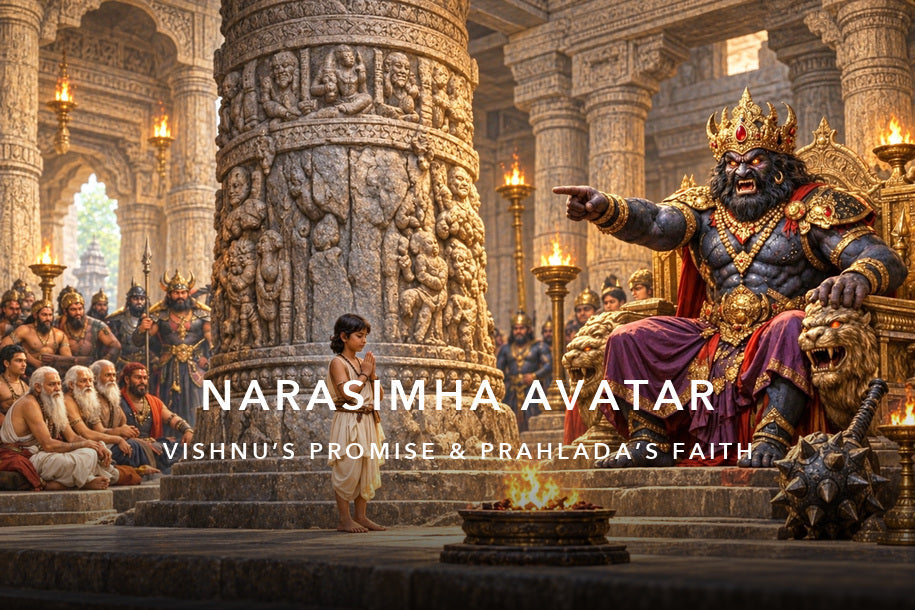 Narasimha Avatar: The Logic Behind How Vishnu Broke Every Rule to Keep His Promise: devotional banner with a centered title and subtitle.