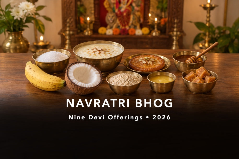 Navratri 2026 traditional bhog offerings arranged in separate bowls before a devotional home shrine.