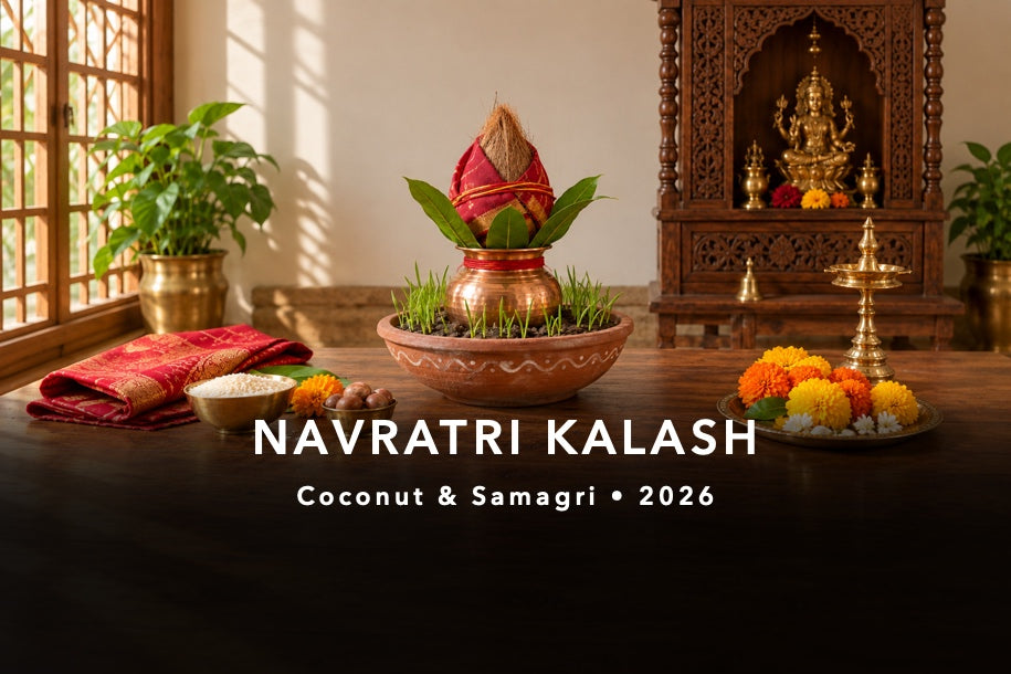 Navratri 2026 demonstration of a copper kalash with leaves and red-wrapped coconut inside an earthen grain vessel at a home shrine.