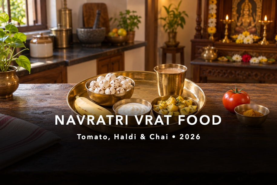 Navratri 2026 kitchen ingredients including makhana, fruit, curd and tea, with tomato and turmeric shown separately for fasting-rule questions.