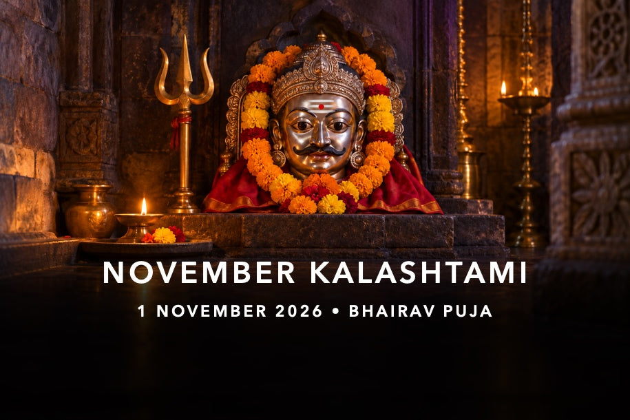 Illustrative silver-faced Kaal Bhairav shrine with Shaiva forehead markings, flowers and trident for November Kalashtami on 1 November 2026