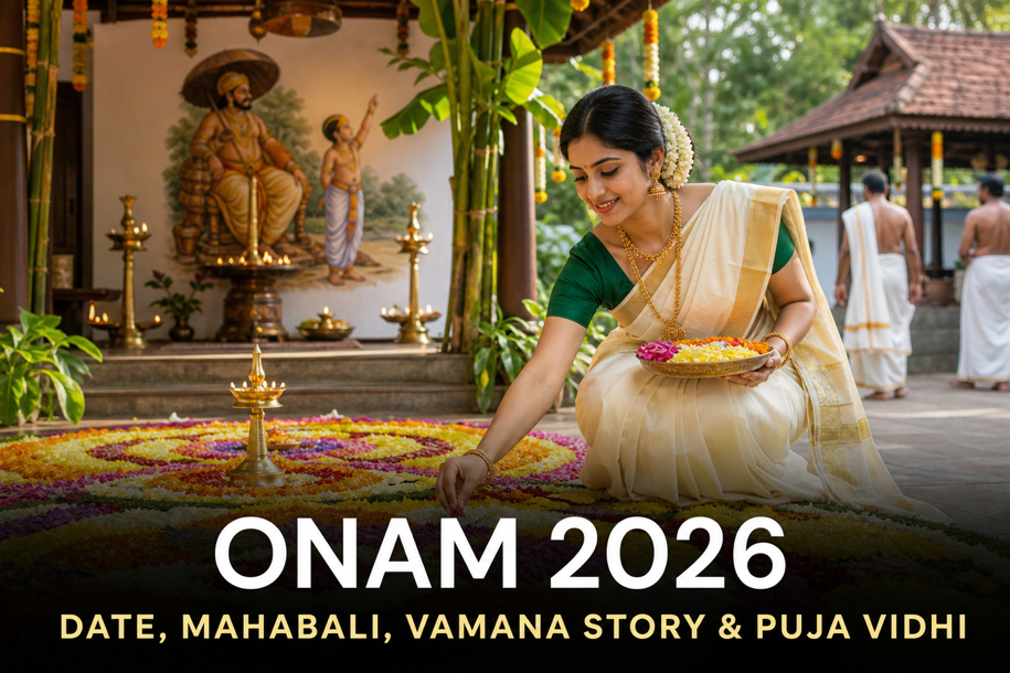 Onam 2026 banner showing a woman making a pookalam in a Kerala courtyard with Mahabali and Vamana story motifs, covering date and puja vidhi