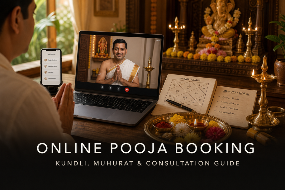 Online Pooja Booking banner showing a devotee consulting a priest over video call with kundli chart, muhurat notes and puja items