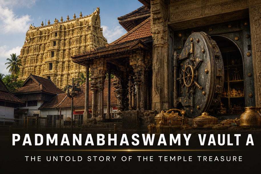 Padmanabhaswamy Vault A banner showing temple architecture and a secured vault motif with title text about the untold story of the temple treasure