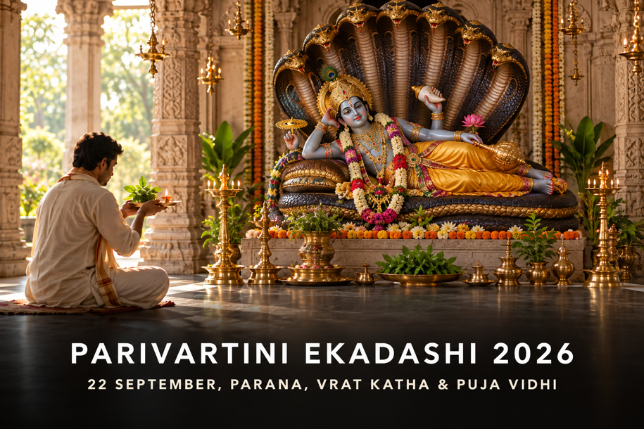 Parivartini Ekadashi 2026 banner showing Lord Vishnu on Shesha with a devotee offering tulsi and diya