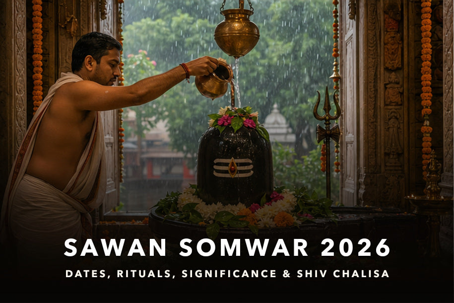 Pehla Sawan Somvar 2026 banner with Lord Shiva devotional imagery and title text about date, muhurat, puja vidhi and vrat rules