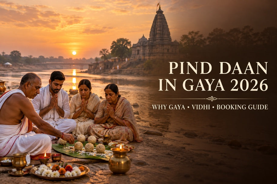 Pind Daan in Gaya 2026 banner: family with pandit beside the Falgu River at sunrise
