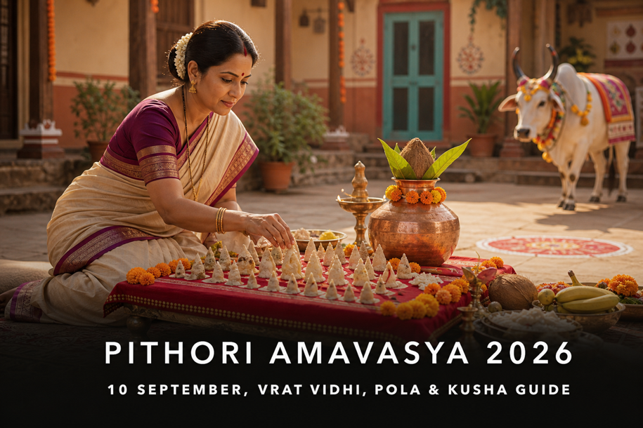 Pithori Amavasya 2026 banner showing a mother arranging flour offerings for the sixty-four Yoginis beside a kalash and diya in a Maharashtra courtyard, with a decorated bullock for Bail Pola