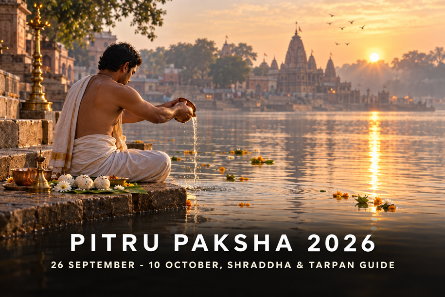 Pitru Paksha 2026 banner showing a devotee offering tarpan at a sunrise riverside ghat, covering Shraddha dates and vidhi