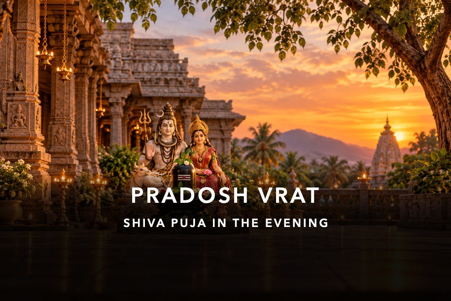 PRADOSH VRAT: traditional Shiva-Parvati shrine with crop-safe title and devotional subtitle