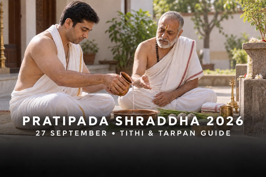 Pratipada Shraddha 2026 on 27 September: householder guided by a priest while offering tarpan at home