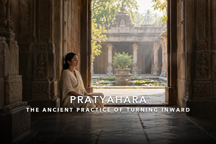 Woman seated inside a quiet temple for a guide to pratyahara