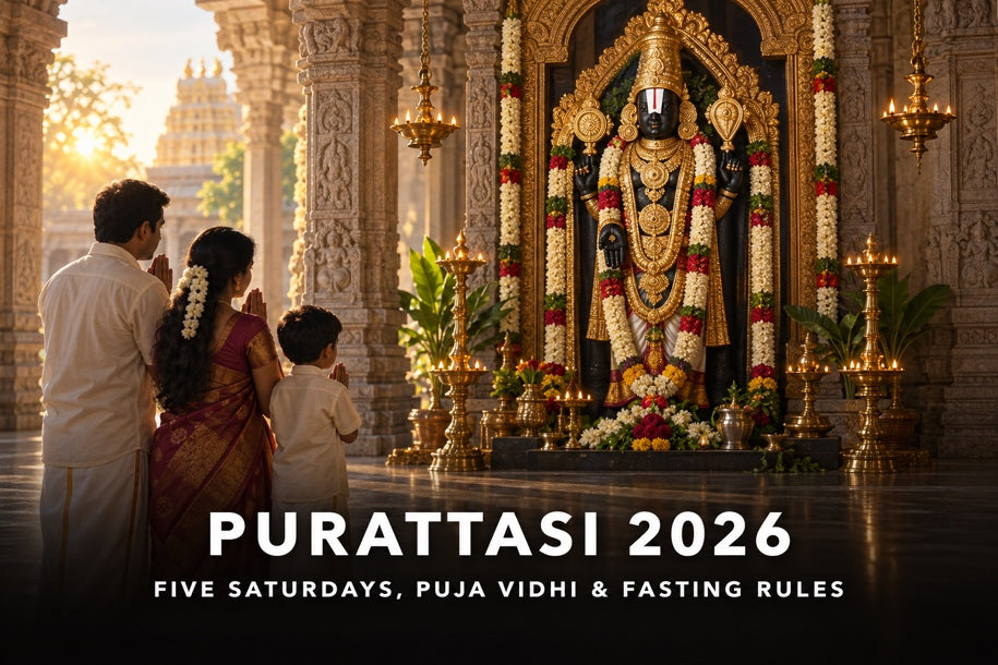 Purattasi 2026 banner showing a Tamil family praying before Sri Venkateswara, with five Saturday puja and fasting guidance