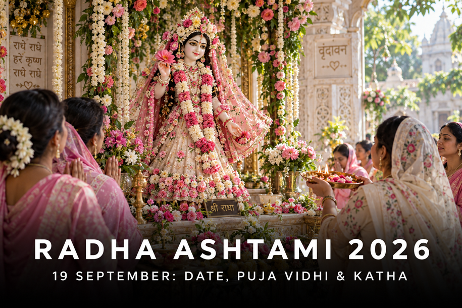 Radha Ashtami 2026 banner showing devotees praying before a flower-decorated Radha idol, covering the September date, puja vidhi and katha.