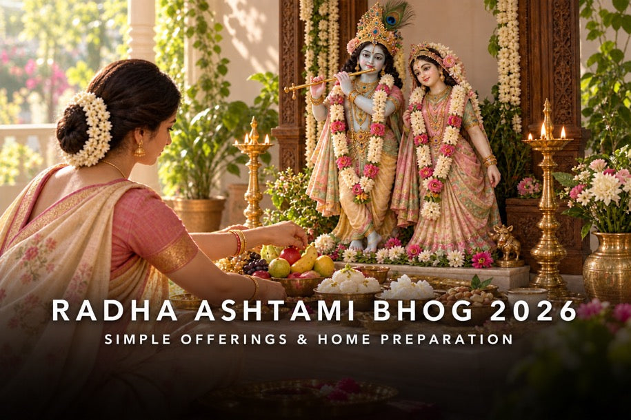 Radha Ashtami Bhog 2026: a devotee arranges fruit and sweet offerings before a flower-decorated Radha-Krishna home shrine.