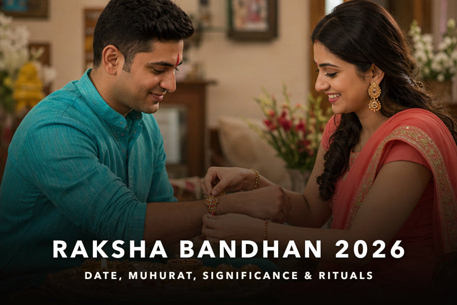 Raksha Bandhan 2026 banner showing a sister tying rakhi with title text about rakhi muhurat, Bhadra timing and Shravani Upakarma