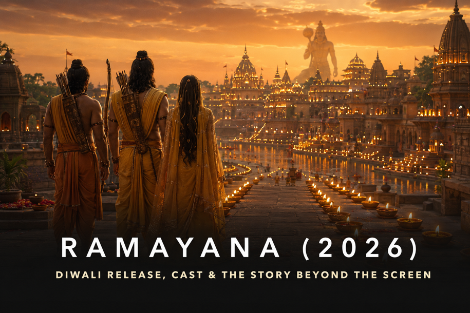Ramayana 2026 banner showing Shri Ram, Sita Mata and Lakshman approaching diya-lit Ayodhya at Diwali, covering release, cast and the epic story