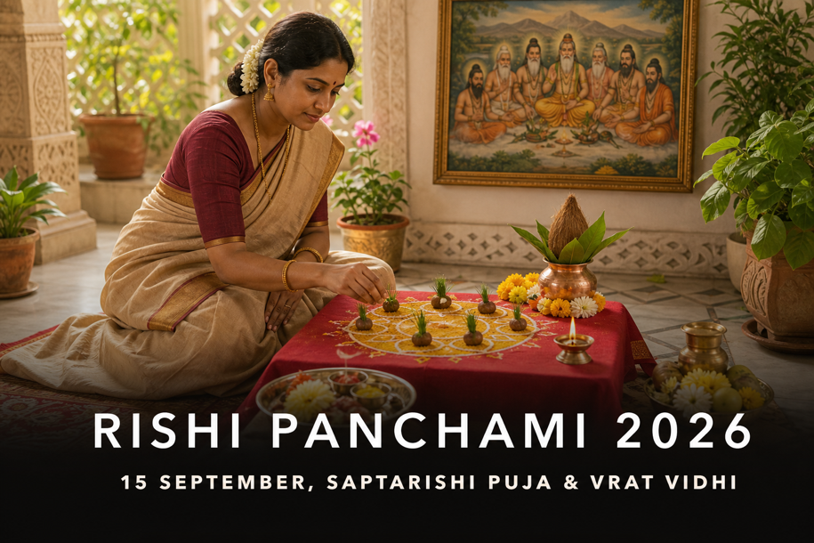 Rishi Panchami 2026 banner showing a woman performing Saptarishi puja with seven sacred offerings, a kalash, diya and the seven sages in the background