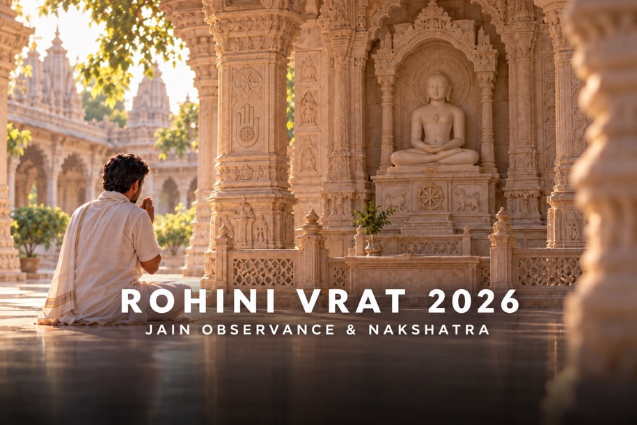 Rohini Vrat 2026: a devotee offers namaskar before a seated Tirthankara in a sunlit Jain temple, with crop-safe text and a smooth gradient